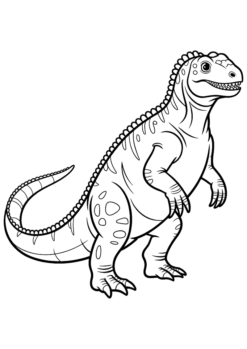 Kleurplaat van een Iguanodon die rechtop op zijn twee achterpoten staat met een schubbenrug en lange staart op een witte