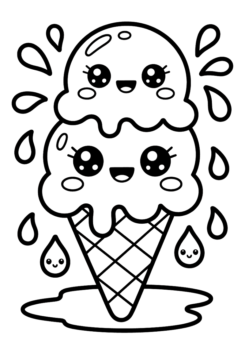 Kawaii kleurplaat van een ijshoorntje met twee lachende bolletjes ijs die smelten en druipen, omgeven door druppels