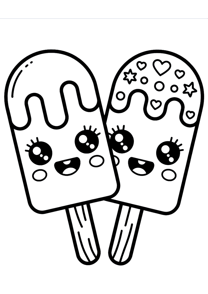 Kawaii kleurplaat van twee ijslolly's naast elkaar met wimperoogjes en een glimlach, elk versierd met verschillende patr