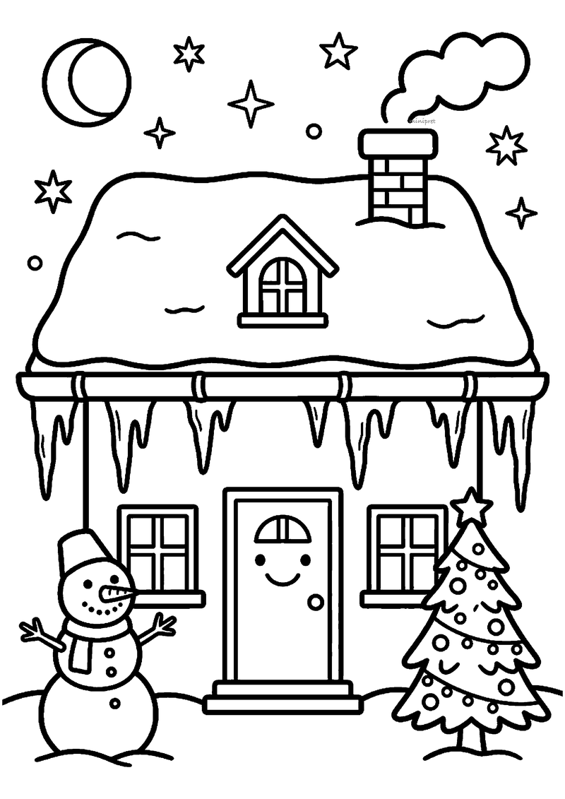 Kleurplaat van huis met besneeuwd dak en lange ijspegels onder de dakgoot met sneeuwpop en kerstboom ernaast