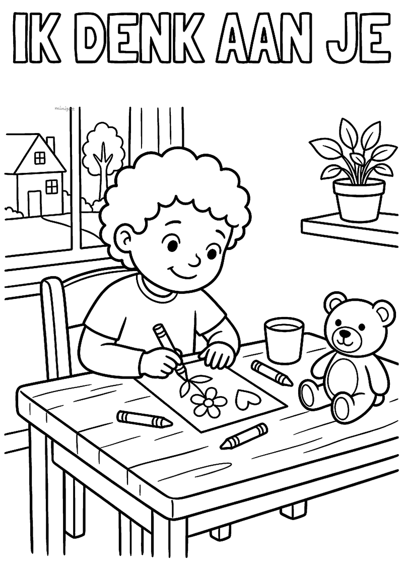 Kleurplaat van een kind met krullen dat aan tafel een kaart tekent met een bloem en een hart, met teddybeer