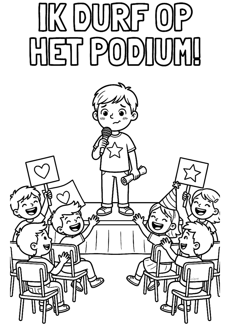 Kleurplaat van een zenuwachtige jongen met microfoon op het podium, aangemoedigd door klasgenoten met bordjes