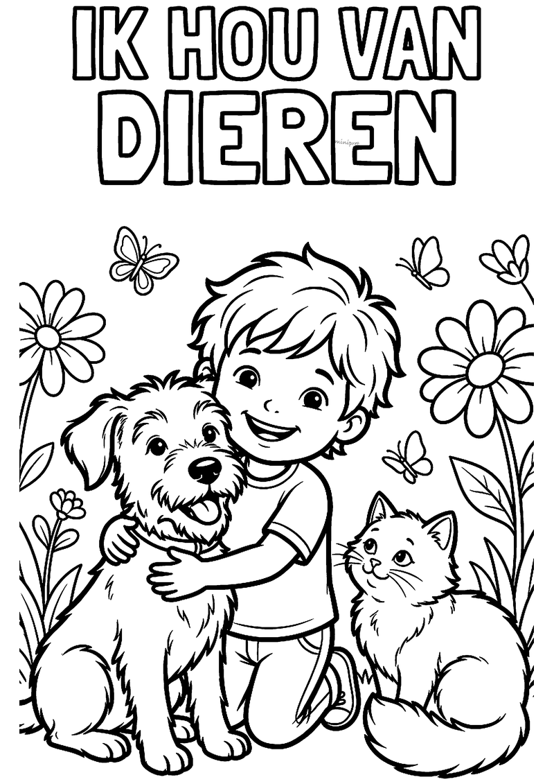Kleurplaat met de tekst Ik hou van dieren: een jongen knuffelt een ruige hond naast een pluizige kat tussen bloemen