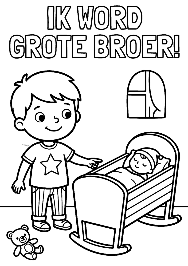 Kleurplaat van een jongen met sterrenshirt die wijst naar een baby in een schommelwieg, met de tekst Ik word grote broer
