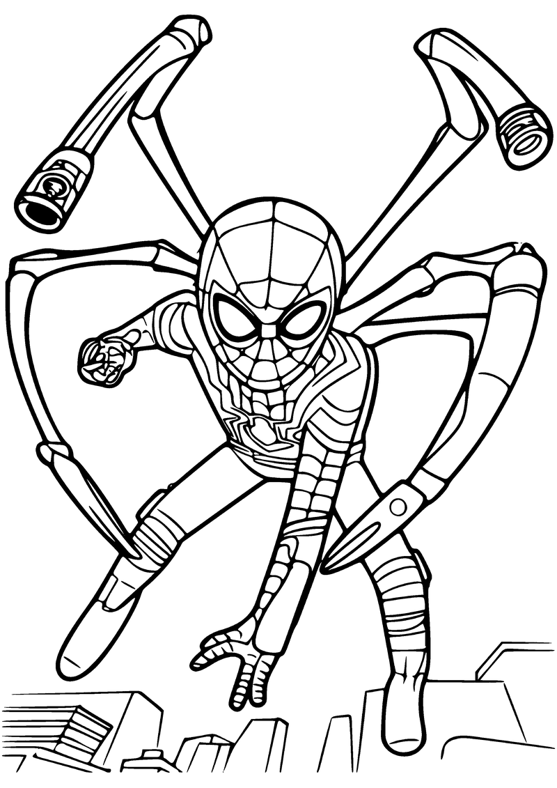 Kleurplaat van Iron Spider die met vier metalen spinnenpoten op zijn rug boven de daken van de stad springt