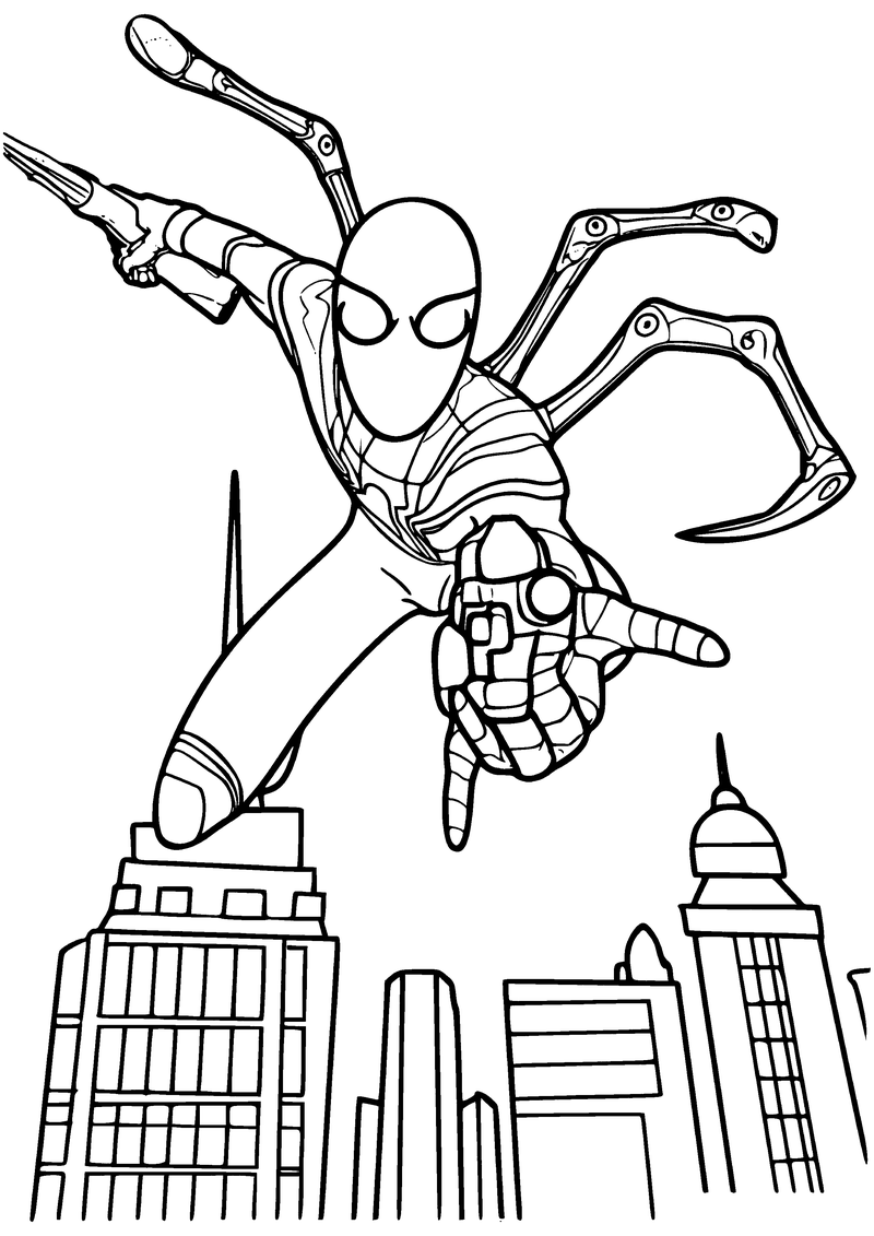 Kleurplaat van Iron Spider die met gestrekte hand het webgebaar maakt, met metalen poten boven een skyline