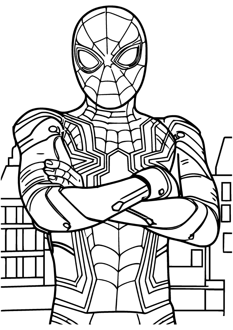 Kleurplaat van Iron Spider die stoer met zijn armen over elkaar staat, met gebouwen op de achtergrond