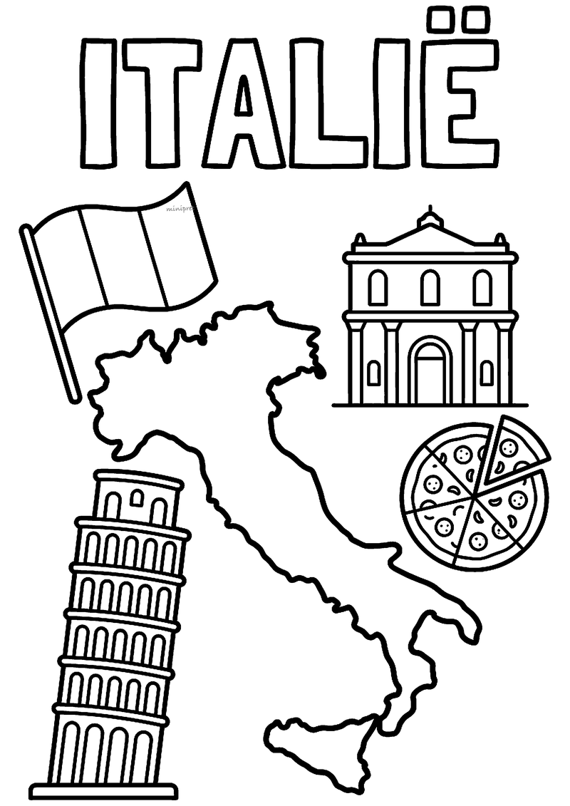 Kleurplaat van Italië met de laars-vormige landkaart, de vlag, de scheve toren van Pisa, een pizza en een kerkgebouw
