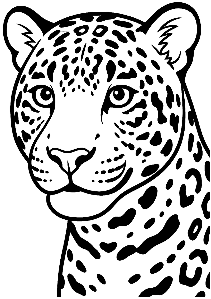 Kleurplaat van een jaguarkop van dichtbij met heldere ogen en veel zwarte rozetvlekken op kop en nek