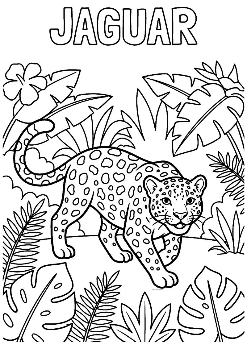 Kleurplaat van een gevlekte jaguar die tussen grote tropische bladeren en een hibiscusbloem sluipt