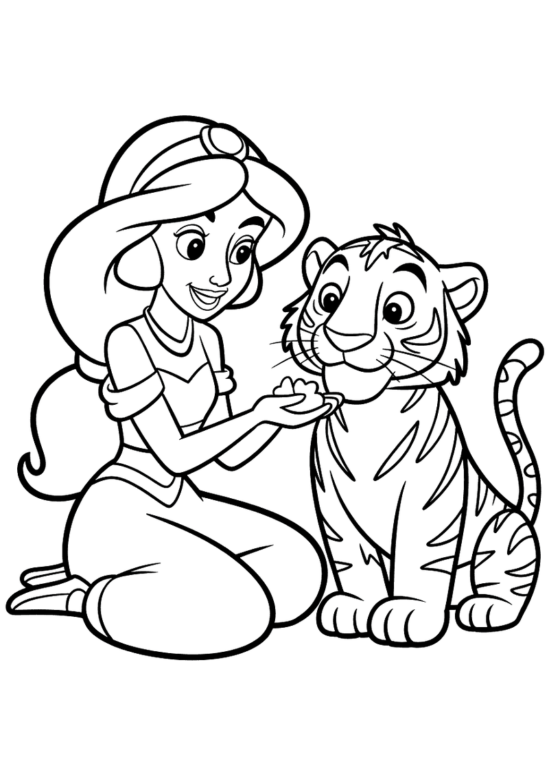 Jasmine Voert Tijger Rajah — gratis kleurplaat