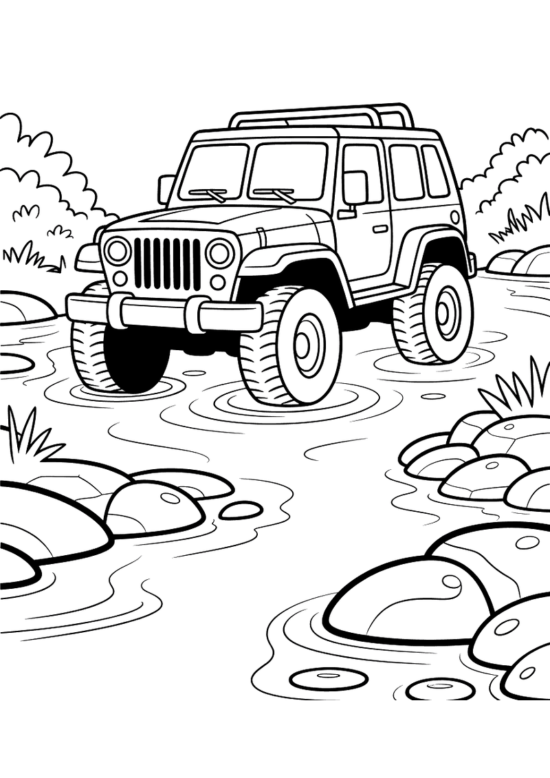 Kleurplaat van een jeep met grote terreinbanden die door een ondiepe rotsachtige rivier waadt, omringd door bomen