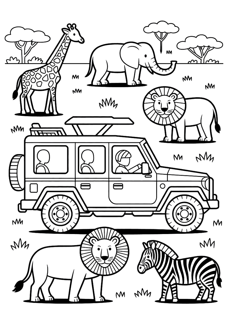 Kleurplaat van een jeep vol passagiers omringd door een giraffe, olifant, twee leeuwen en een zebra in de savanne