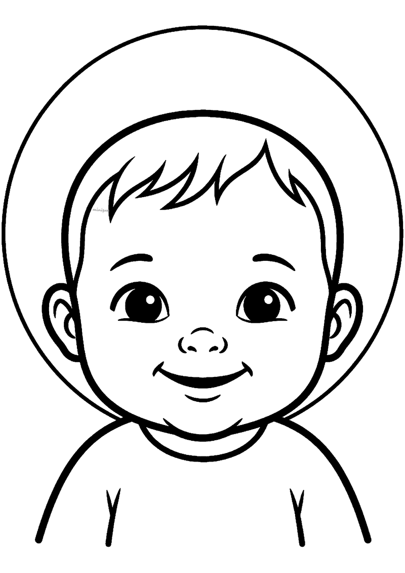 Kleurplaat van close-up portret van baby Jezus met kort haar, grote ogen en brede glimlach onder aureool