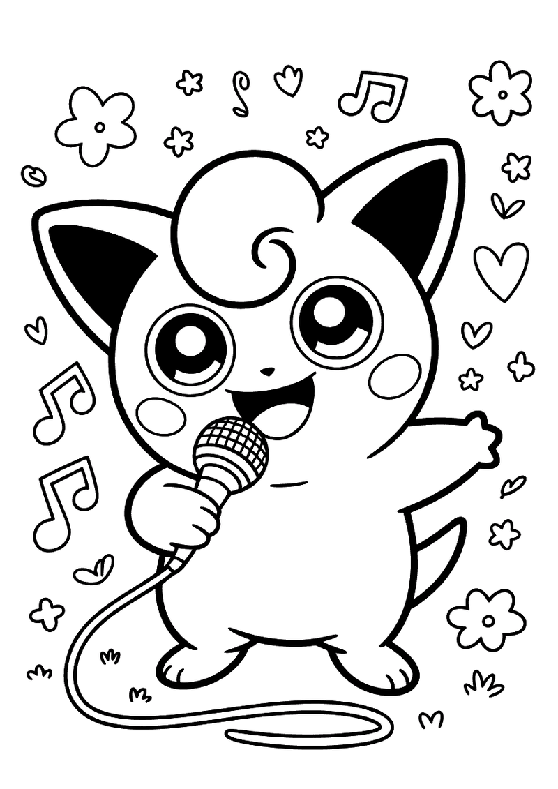 Jigglypuff zingt in een microfoon kleurplaat — gratis kleurplaat printen