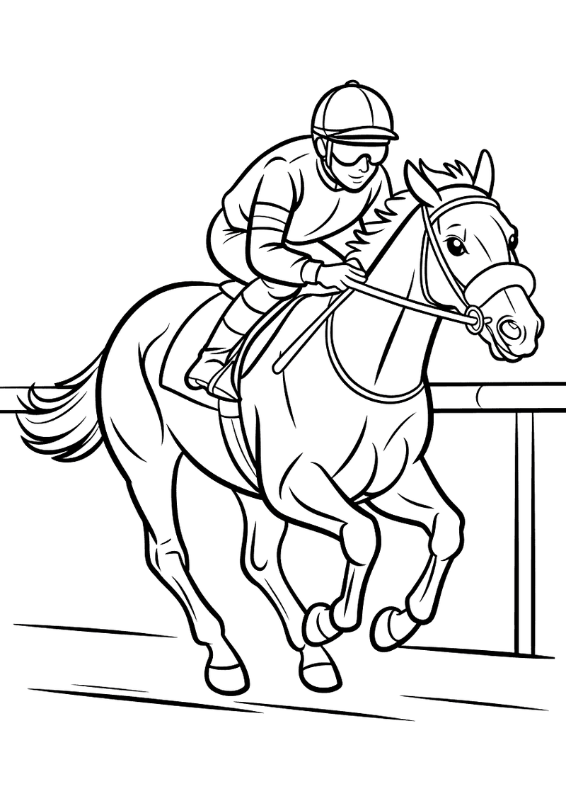 Kleurplaat van een jockey in racetenue en cap die voorovergebogen op een galoperend racepaard langs een renbaan rijdt