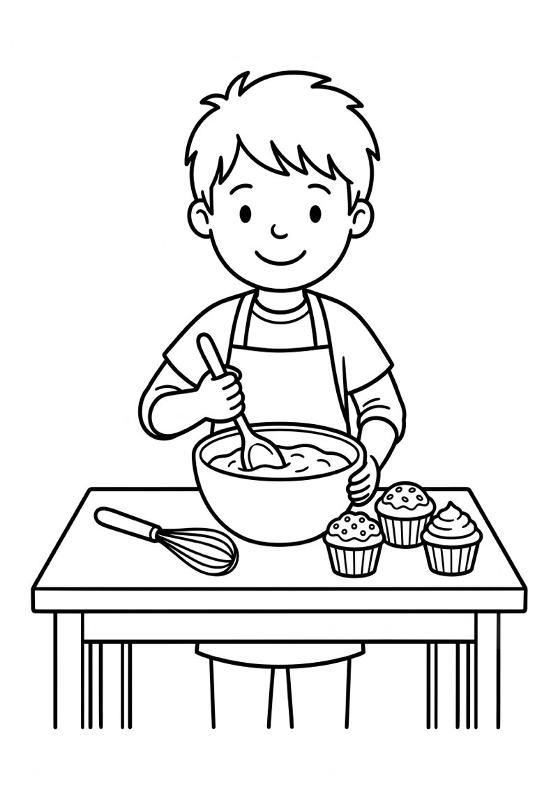 Jongen Bakt Cupcakes Kleurplaat — gratis kleurplaat
