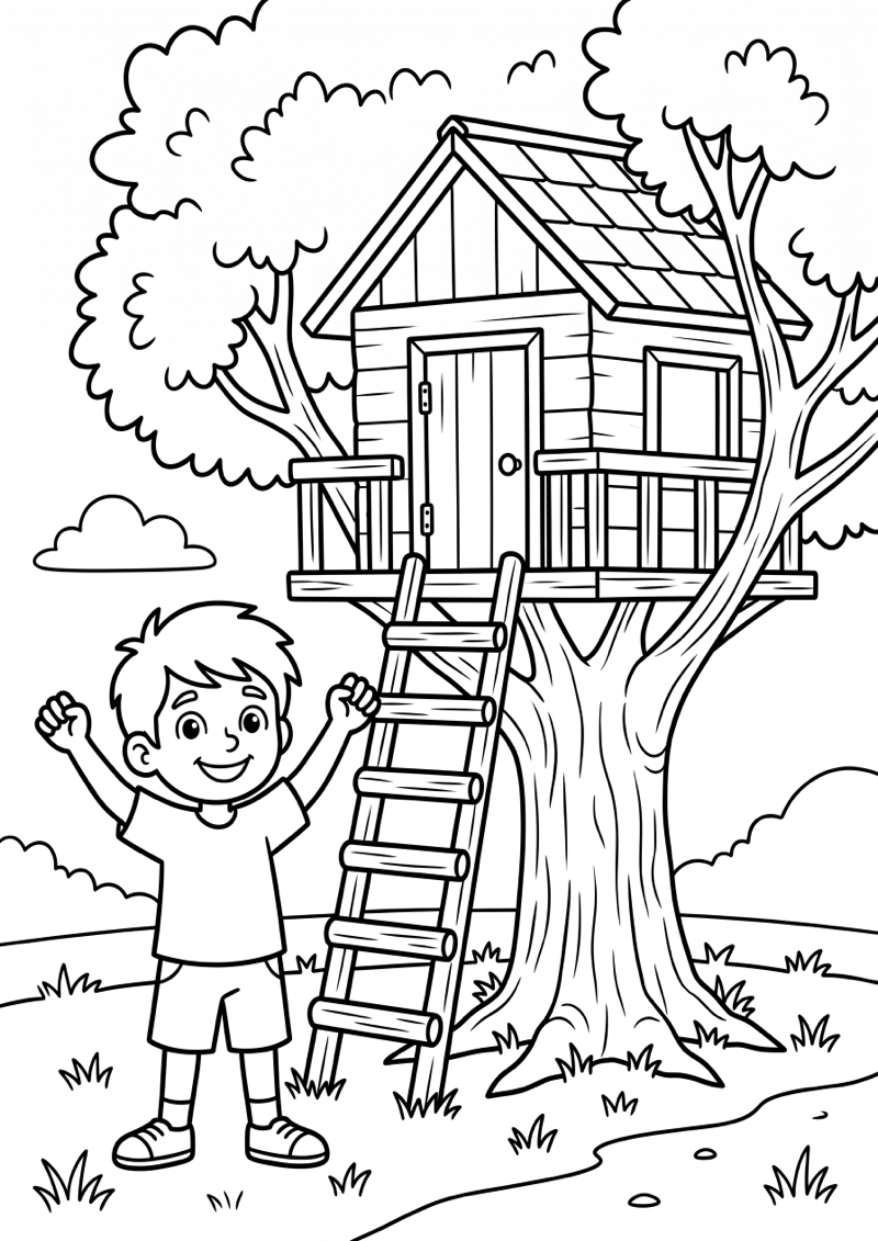 Jongen bij Boomhut Kleurplaat — gratis kleurplaat