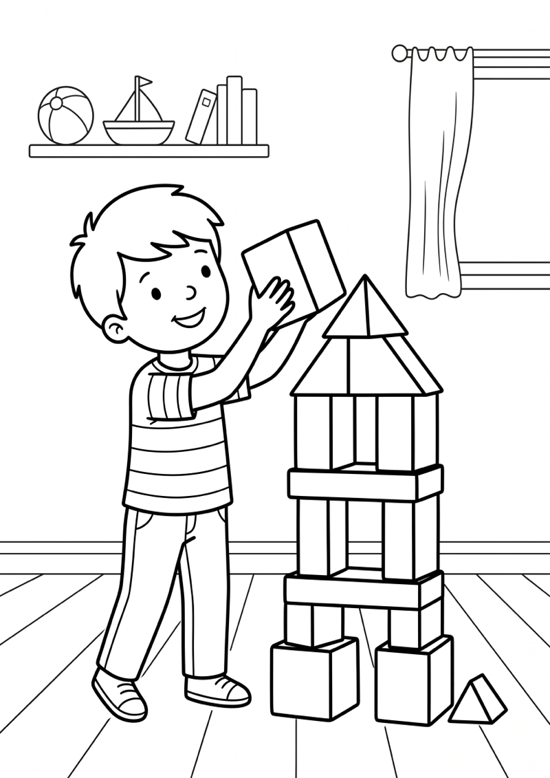 Jongen Bouwt met Blokken Kleurplaat — gratis kleurplaat