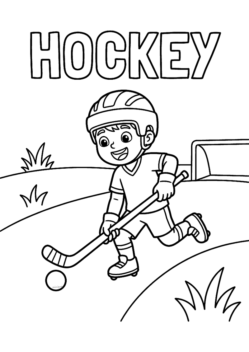 Kleurplaat van een rennende jongen met helm die een hockeybal met zijn stick over het gras speelt, tekst Hockey