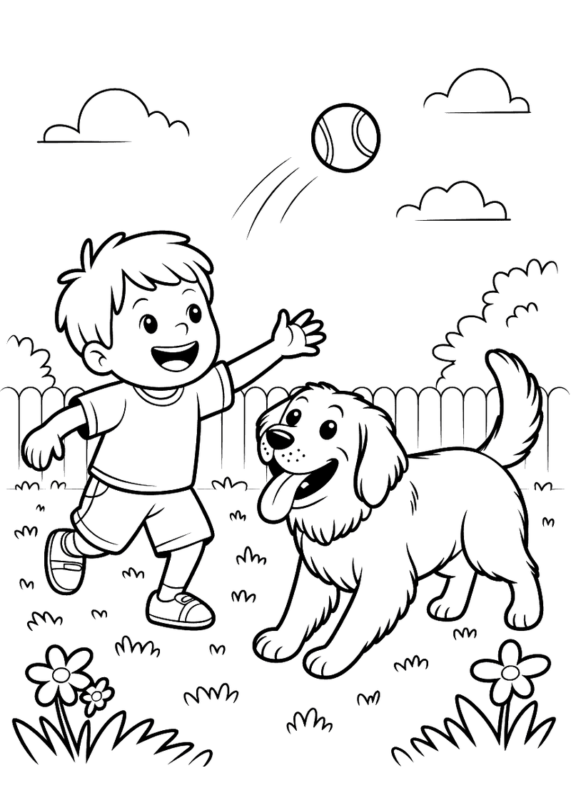 Kleurplaat van een jongen die een tennisbal gooit terwijl een golden retriever blij aanloopt in een tuin met bloemen en 