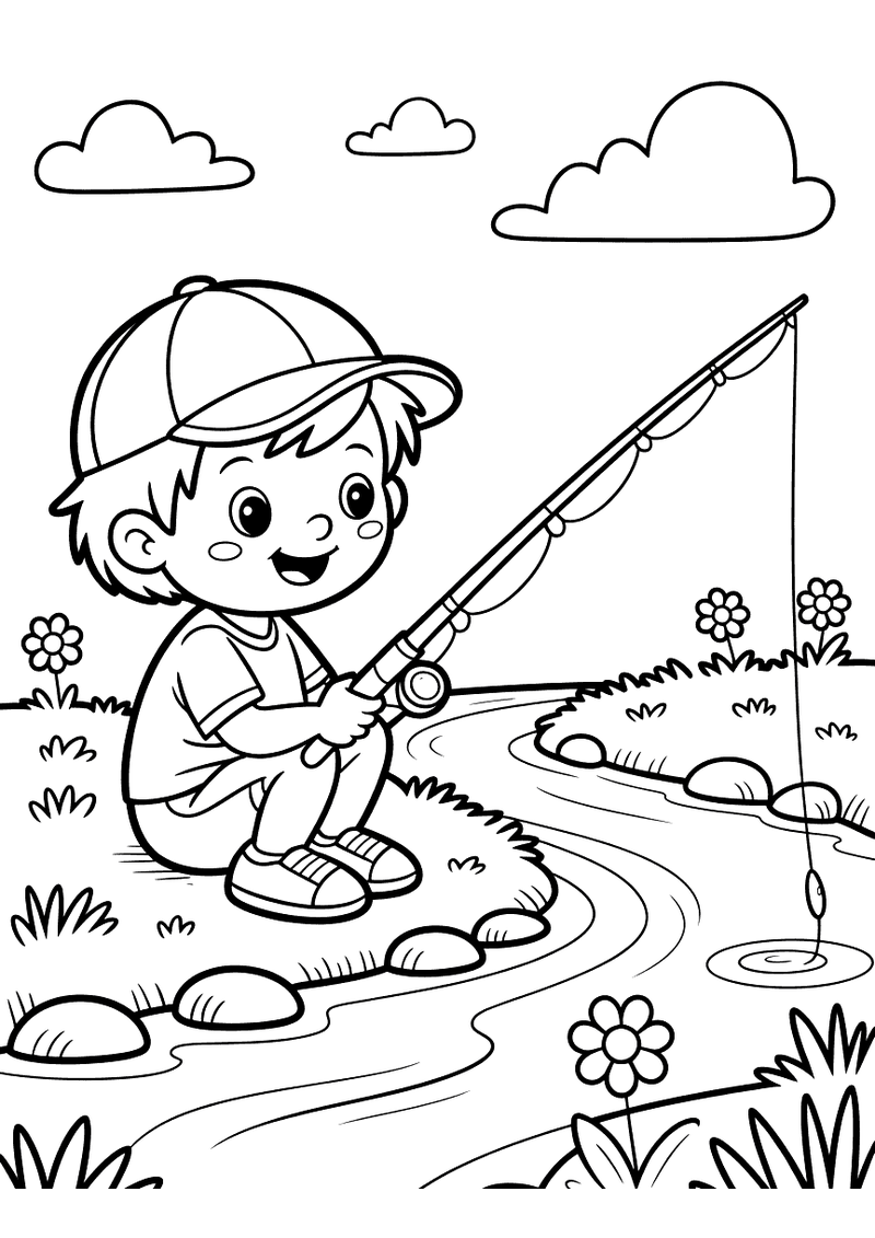 Kleurplaat van een jongen met pet die naast een beek zit en vist met een lange hengel, bloemen op de oever
