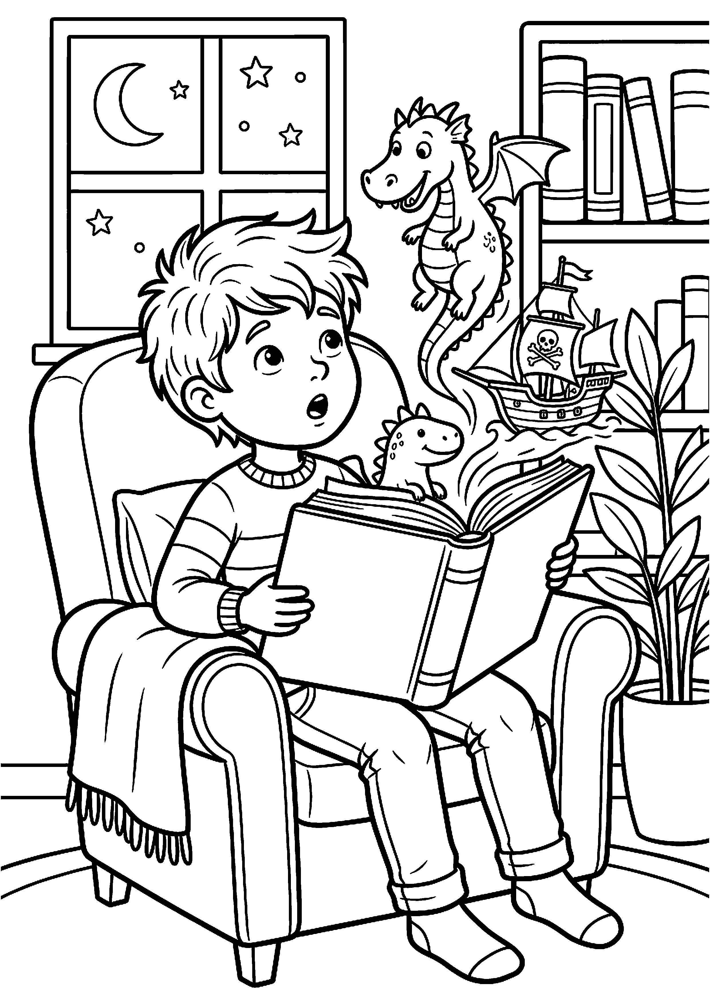 Jongen leest een spannend boek kleurplaat