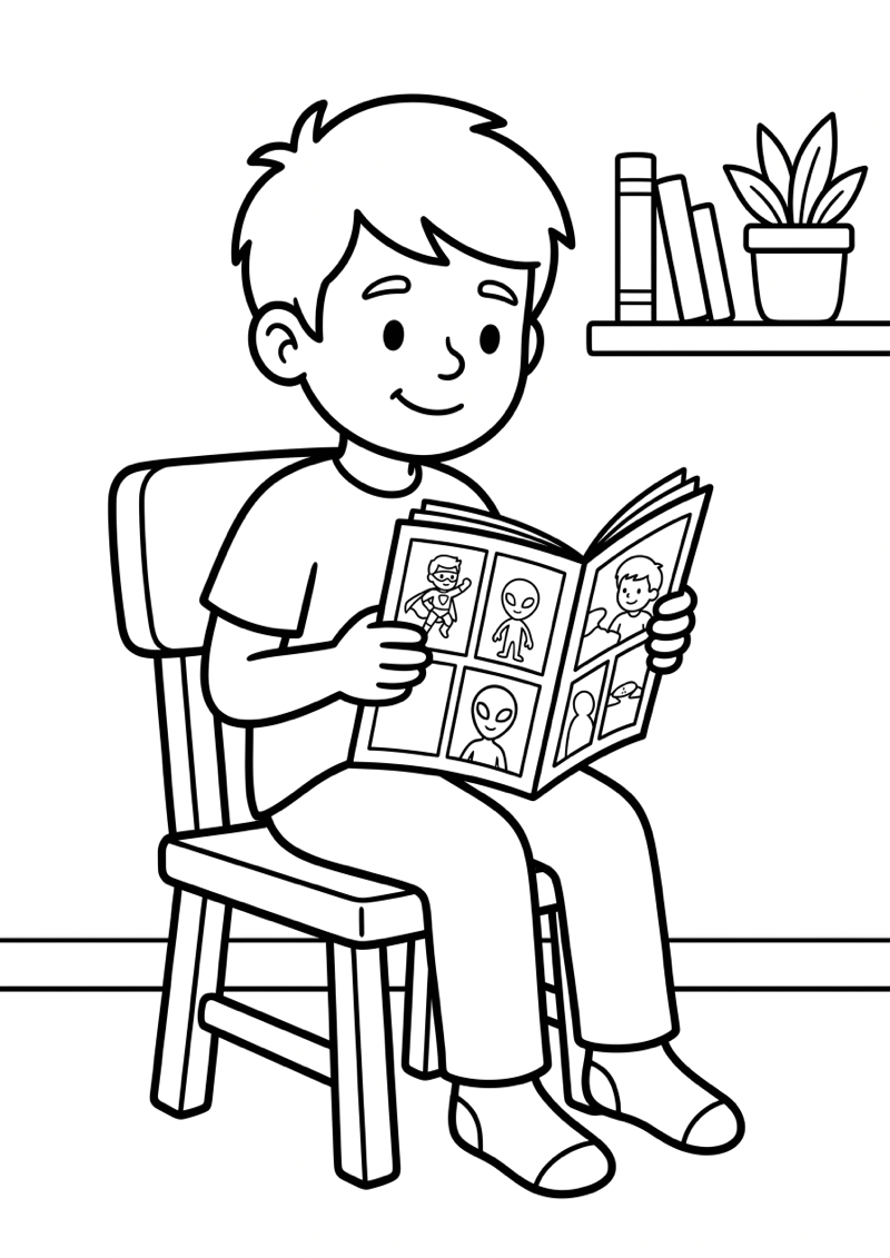 Jongen Leest Stripboek Kleurplaat — gratis kleurplaat