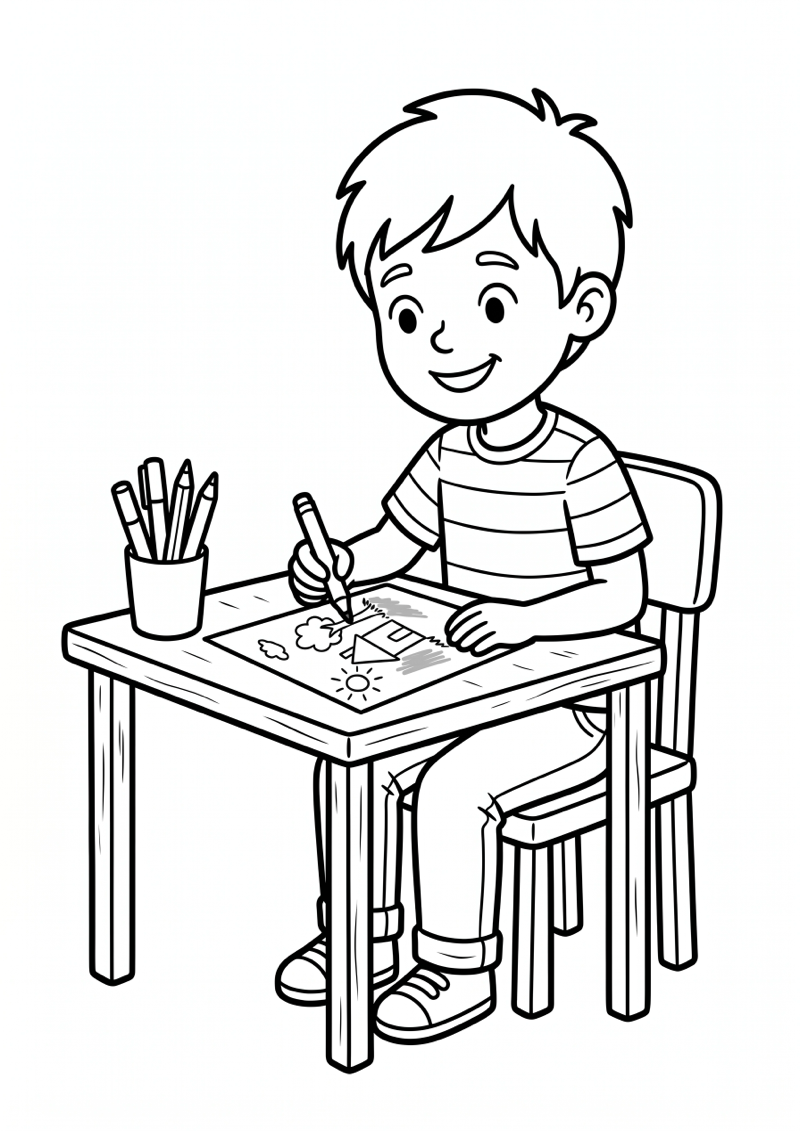 Jongen Maakt Tekening Kleurplaat — gratis kleurplaat
