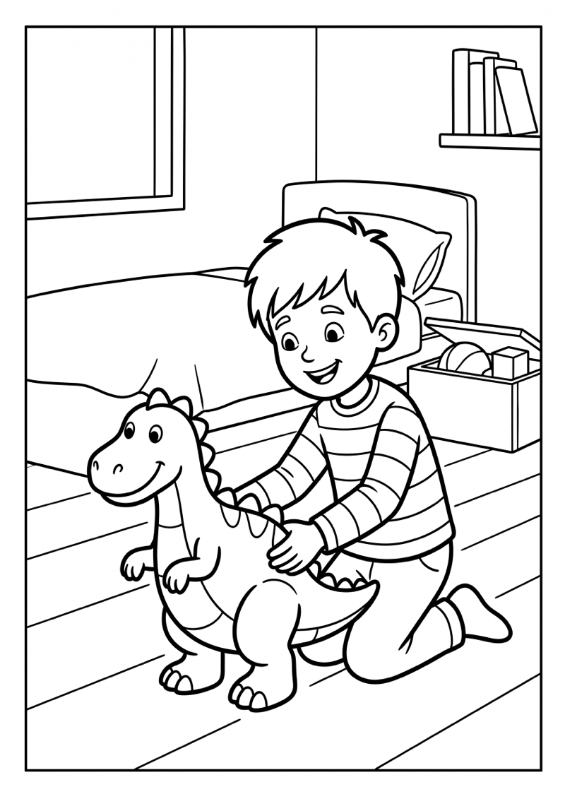Jongen met Dinosaurus Speelgoed Kleurplaat — gratis kleurplaat