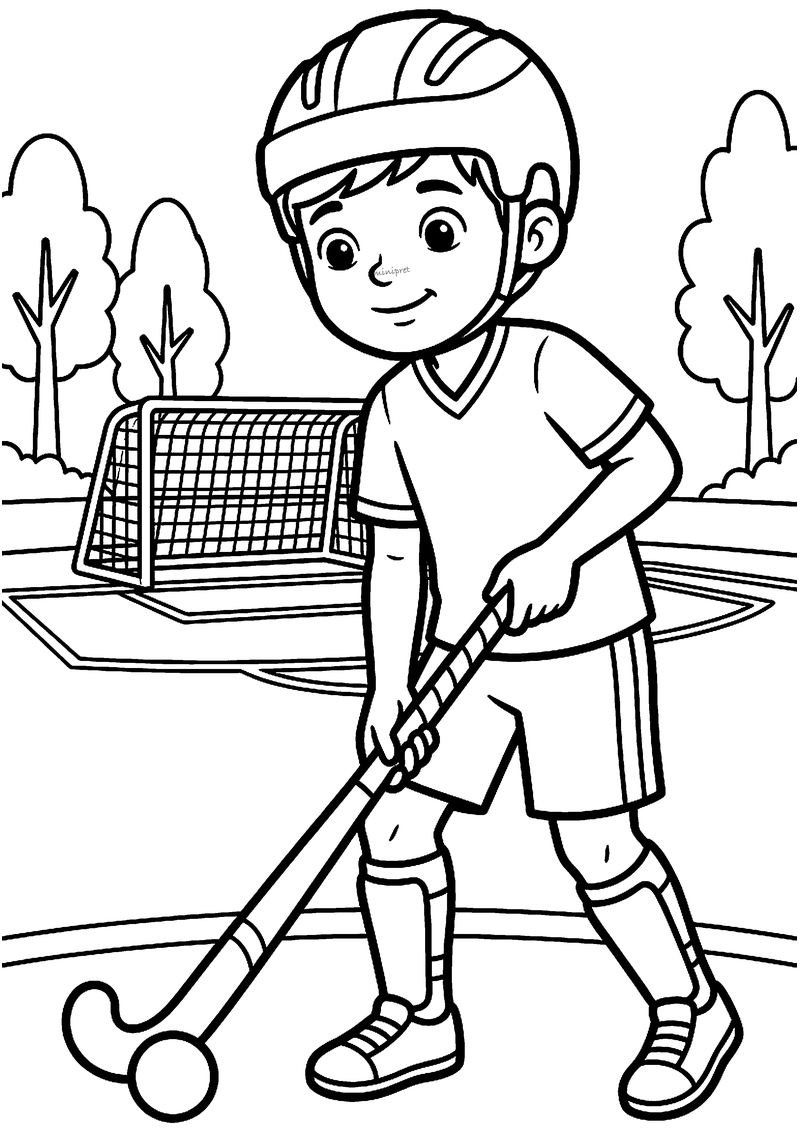 Kleurplaat van een jongen met helm die een hockeystick vasthoudt bij een bal, met doel en bomen op de achtergrond