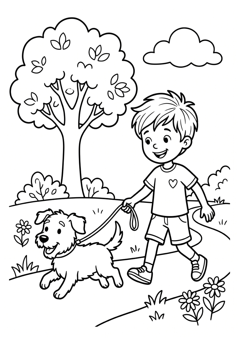 Jongen met Hond Kleurplaat — gratis kleurplaat