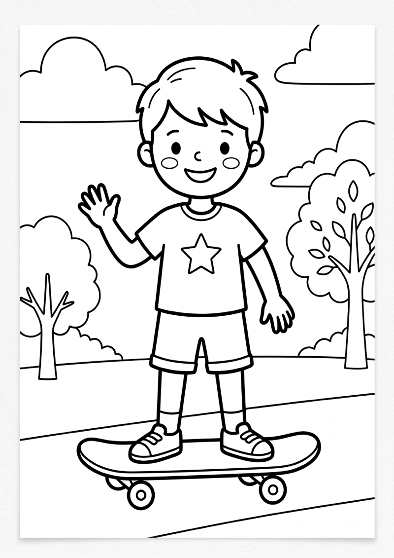 Jongen op Skateboard Kleurplaat — gratis kleurplaat