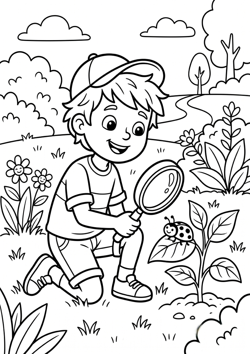 Jongen op Speurtocht Kleurplaat — gratis kleurplaat