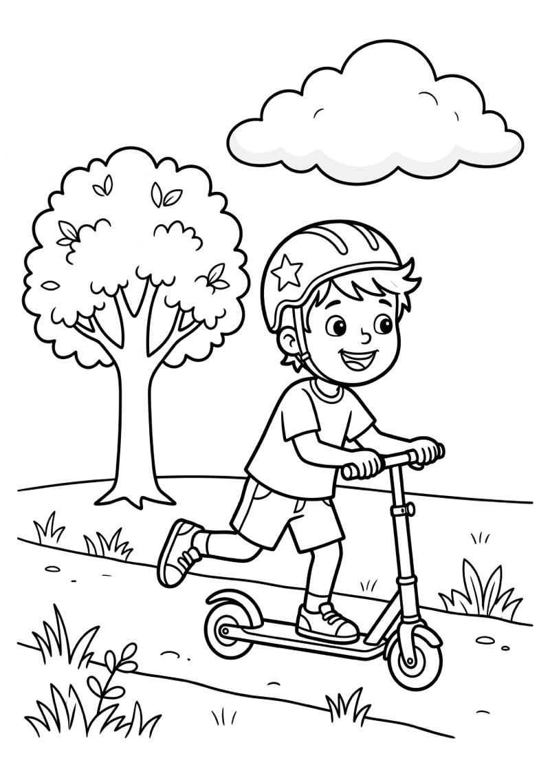 Jongen op Step Kleurplaat — gratis kleurplaat printen