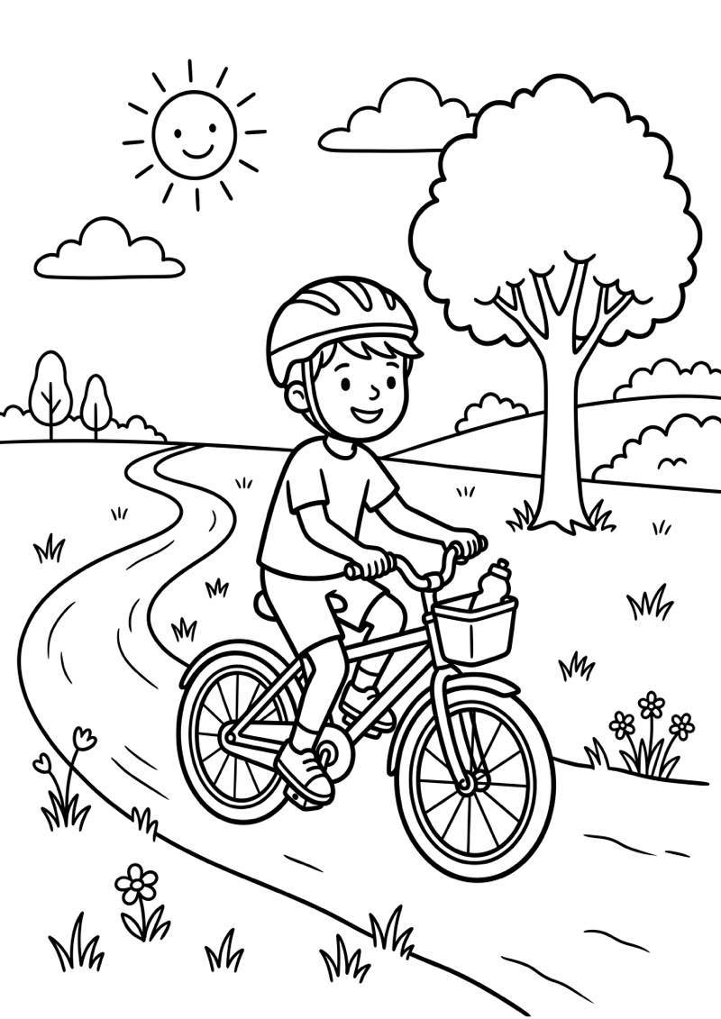 Jongen Rijdt op Fiets Kleurplaat — gratis kleurplaat