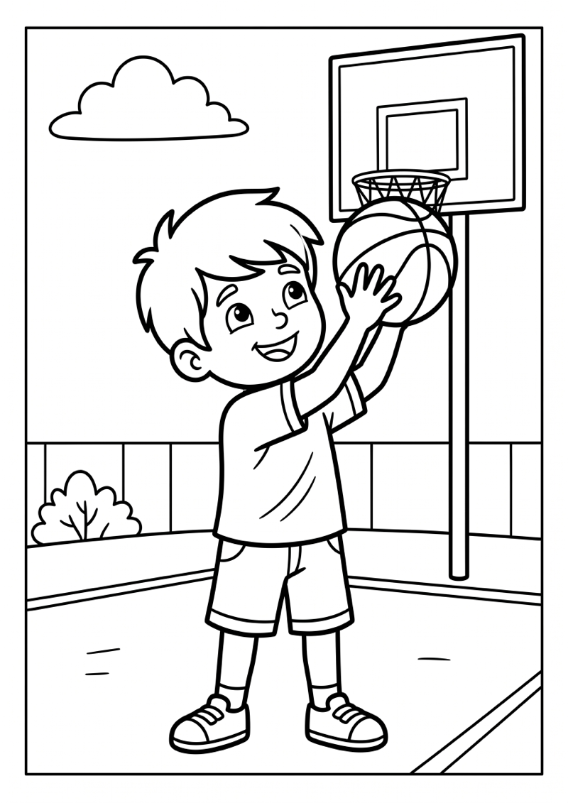 Jongen Speelt Basketbal Kleurplaat — gratis kleurplaat