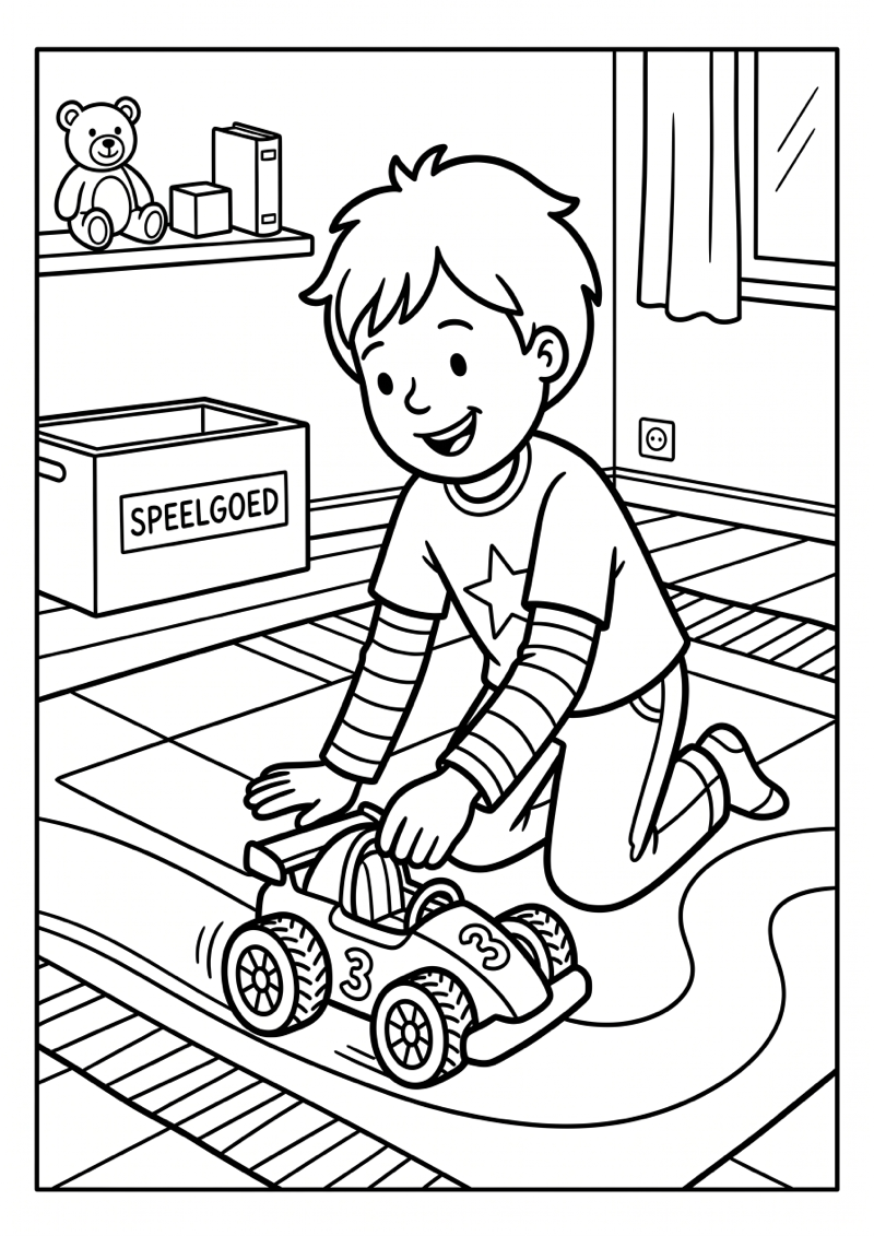 Jongen Speelt met Raceauto Kleurplaat — gratis kleurplaat