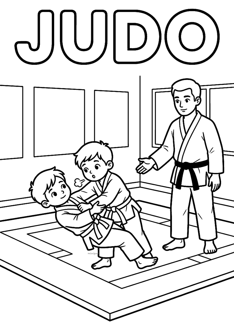 Kleurplaat van twee jongens in judopak die een worp oefenen op de mat, met een trainer met zwarte band en de tekst Judo