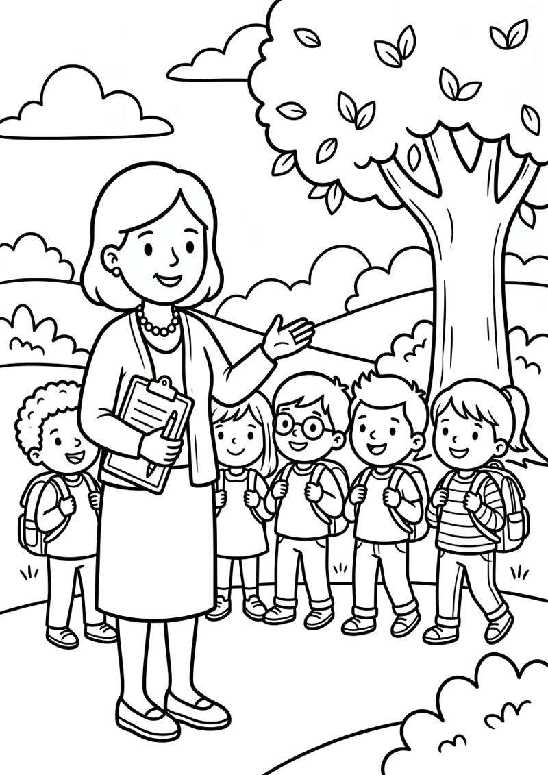 Juf en Kinderen op Reis Kleurplaat — gratis kleurplaat