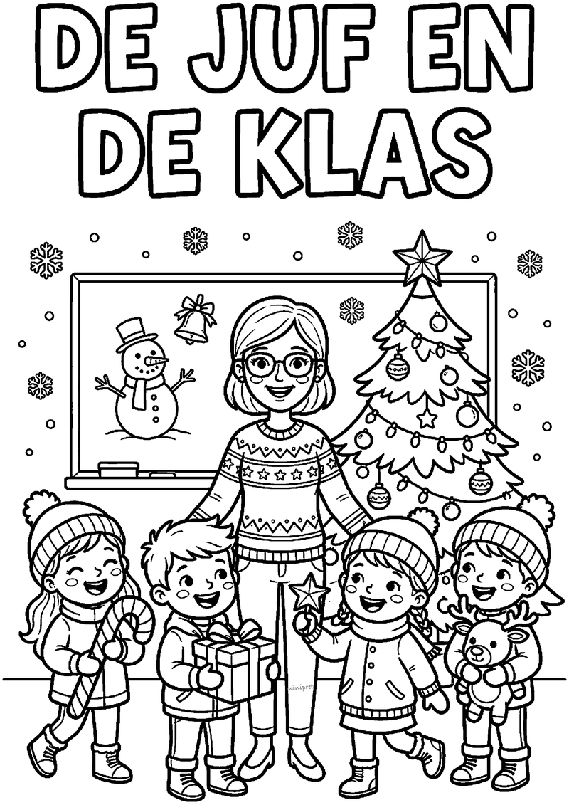 Kleurplaat met tekst DE JUF EN DE KLAS boven juf met kersttrui voor schoolbord tussen vier kinderen met muts