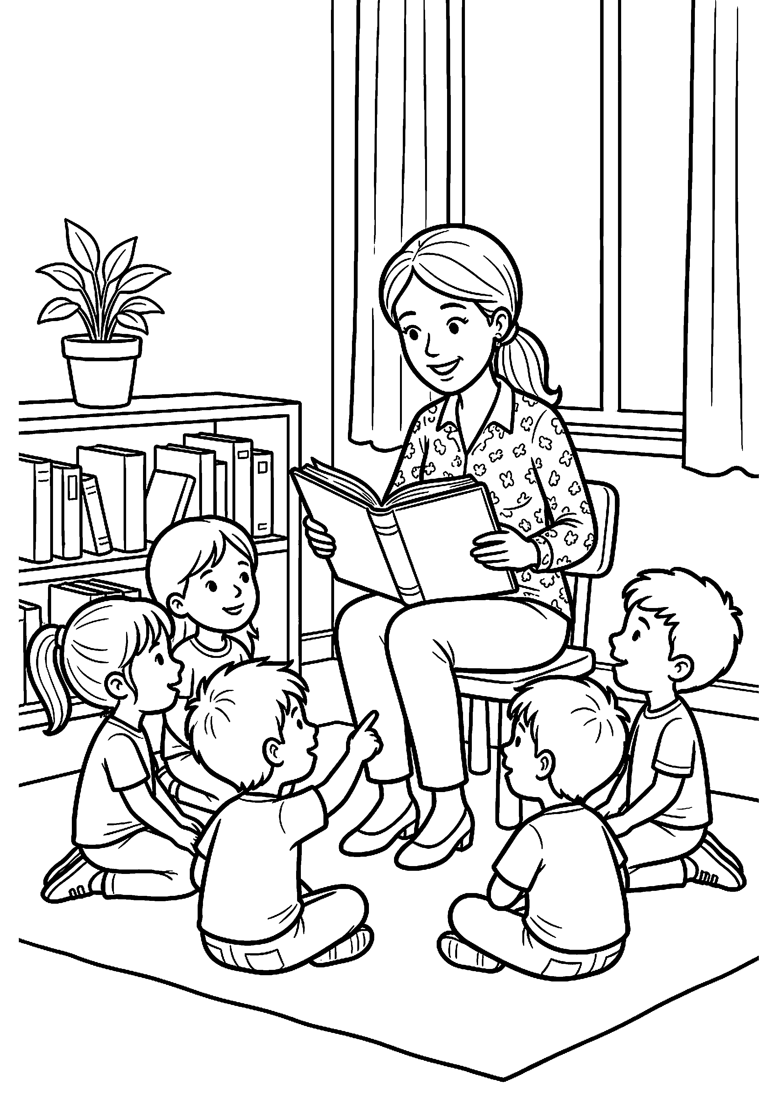 Juf leest voor uit een boek kleurplaat