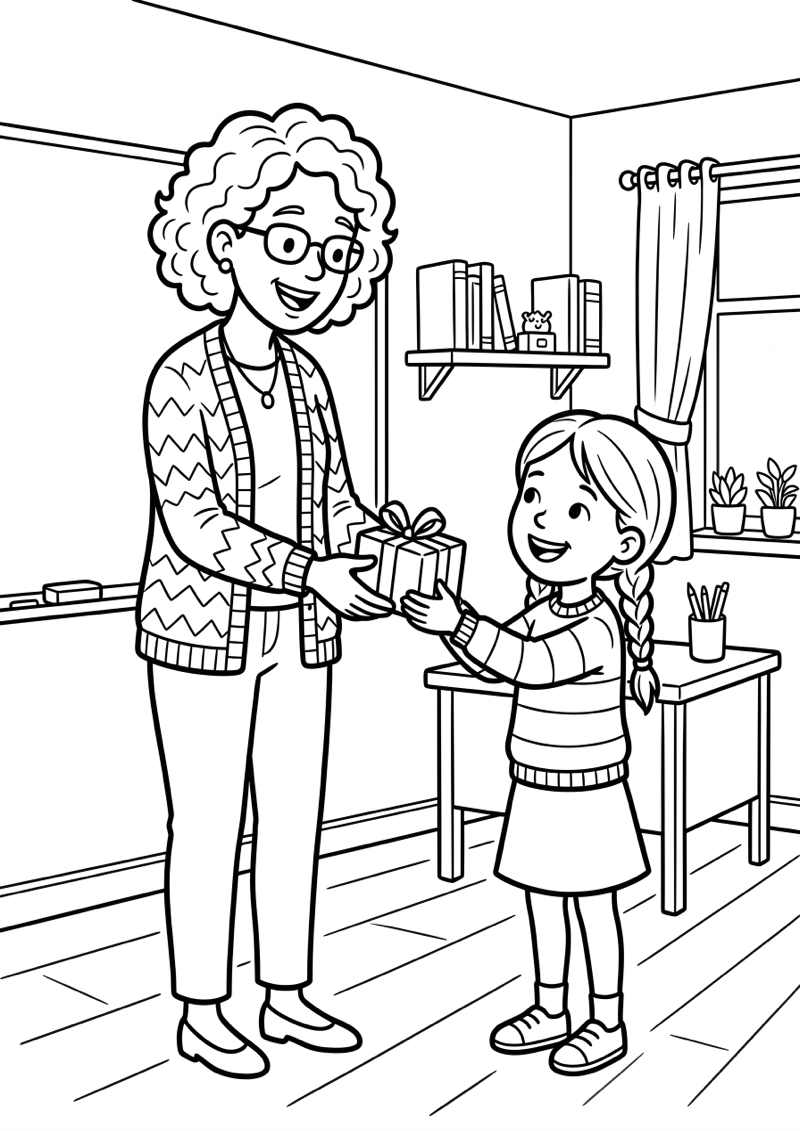 Juf of Meester Krijgt Cadeautje Einde Schooljaar Kleurplaat — gratis kleurplaat