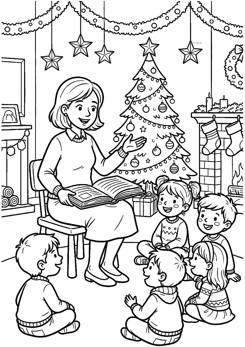 Kleurplaat van juf die uit boek voorleest aan vier kinderen voor kerstboom en open haard met kousen