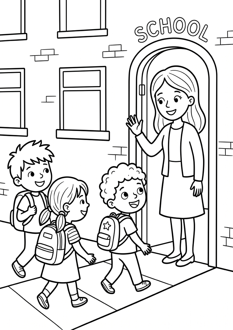 Juf Verwelkomt Kinderen Kleurplaat — gratis kleurplaat printen