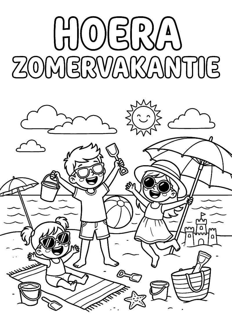 Juichende Kinderen met Zonnebril en Strandspullen met Tekst Hoera Zomervakantie Zomervakantie Kleurplaat — gratis kleurplaat