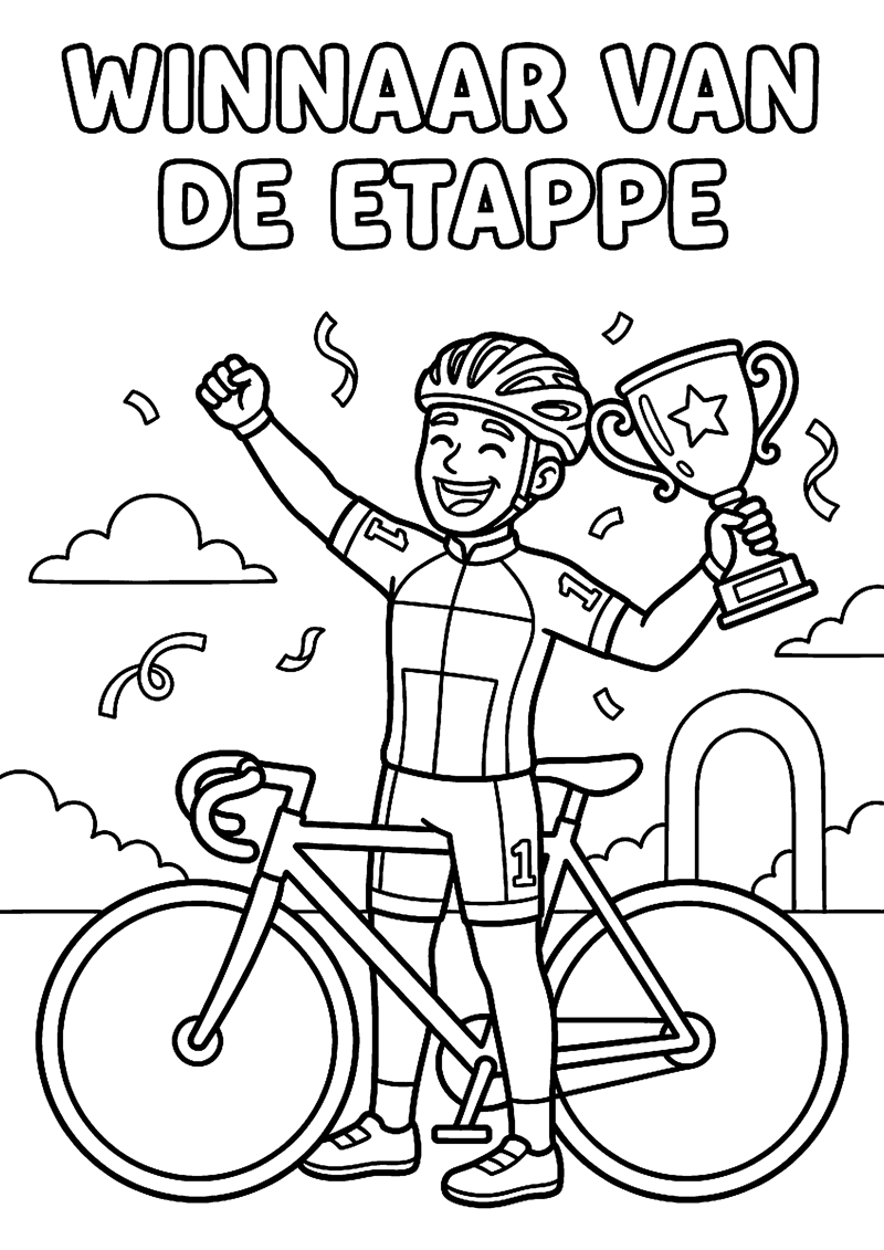 Juichende Wielrenner met Beker met Tekst Winnaar van de Etappe Tour de France Kleurplaat — gratis kleurplaat printen