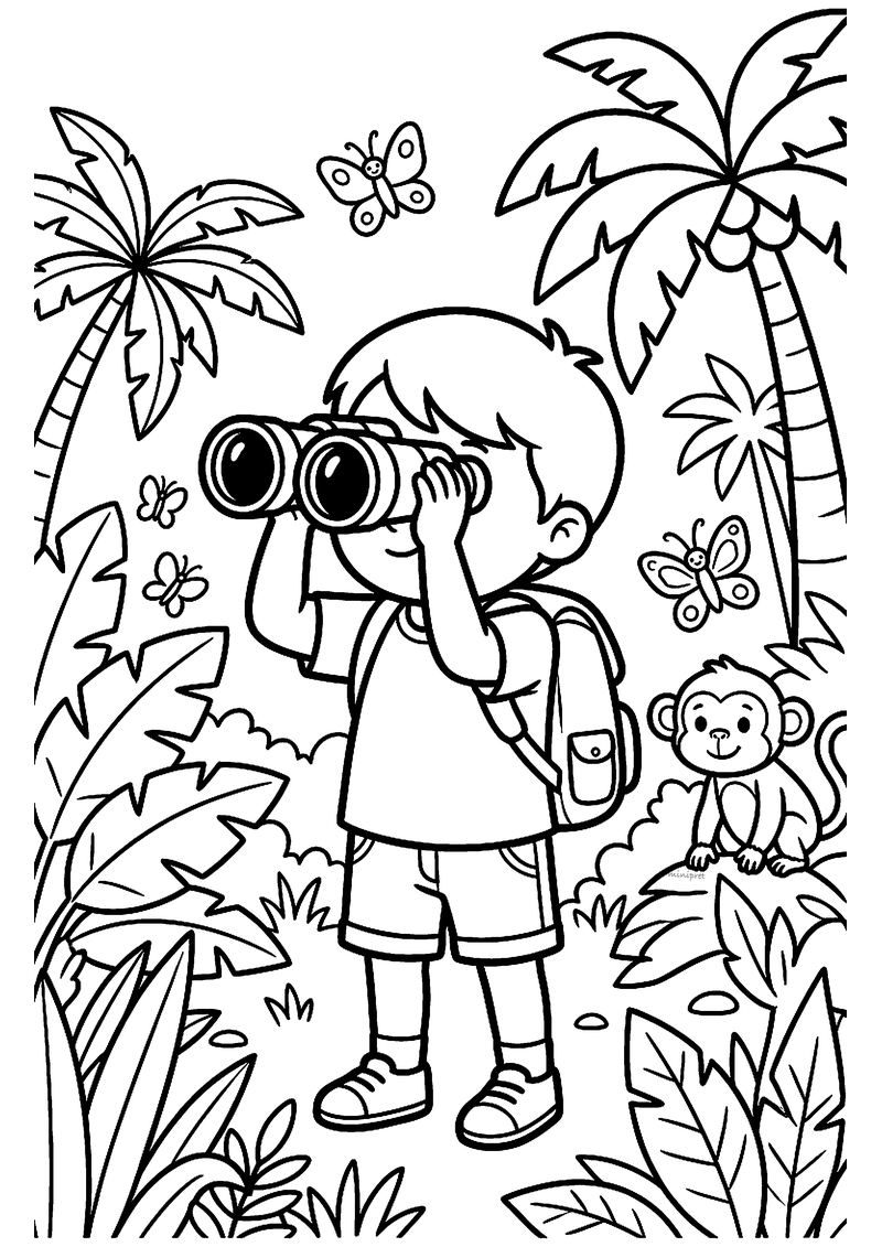 Kleurplaat van een jongen met rugzak die door een verrekijker kijkt in de jungle, met palmbomen, vlinders en een aapje