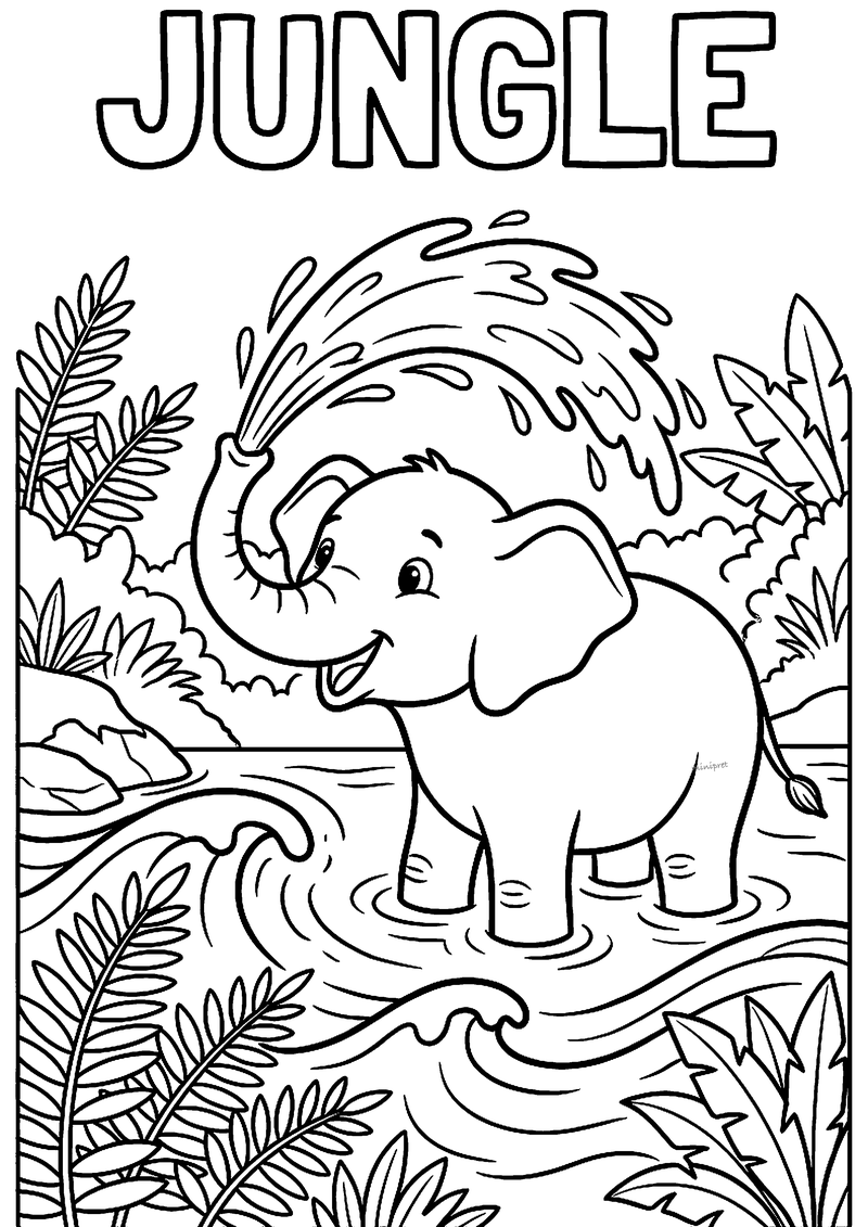 Olifant spuit water in de junglerivier kleurplaat
