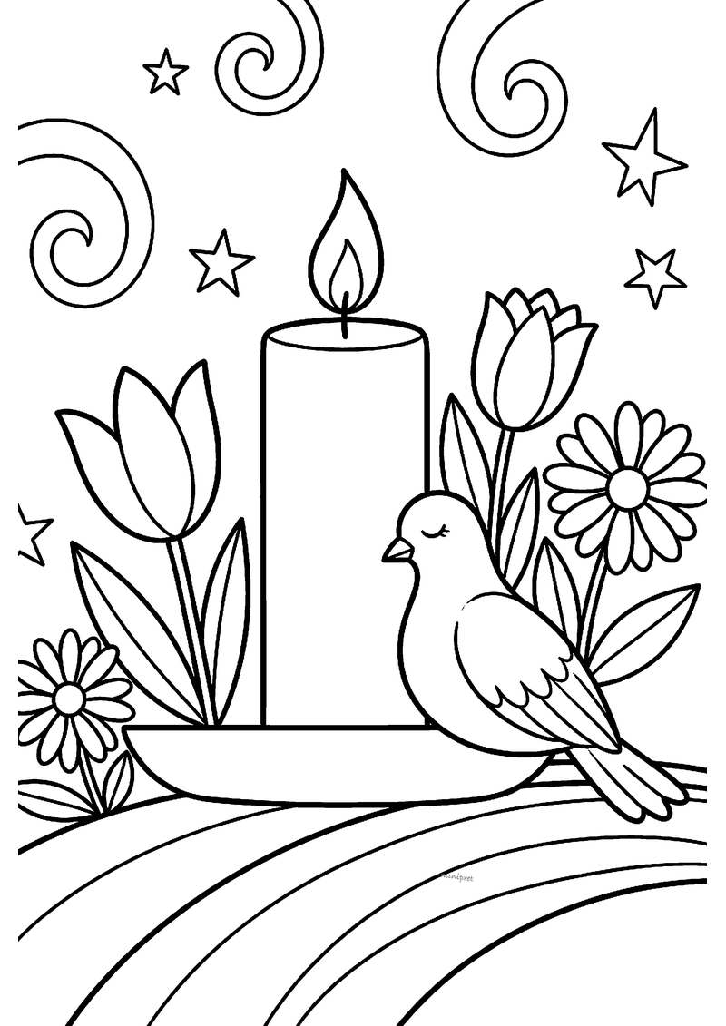Kleurplaat van een brandende kaars op een schaaltje met een duif ernaast, tulpen, madeliefjes, sterren en krullen